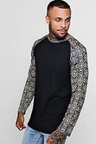 Boohoo Longline Ribbed Raglan Printed Sleeve T-shirt