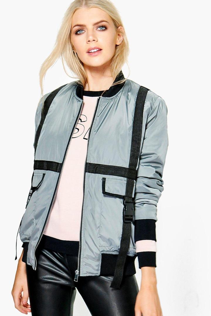 Boohoo Boutique Lauren Strap Buckle Detail Bomber Jacket Grey