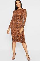 Boohoo Tan Snake Print Polo Neck Midi Dress