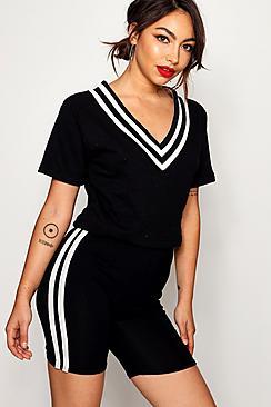Boohoo Stripe V Neck Off Shoulder Crop Sweat