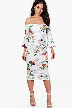 Boohoo Gemma Floral Frill Sleeve Midi Dress