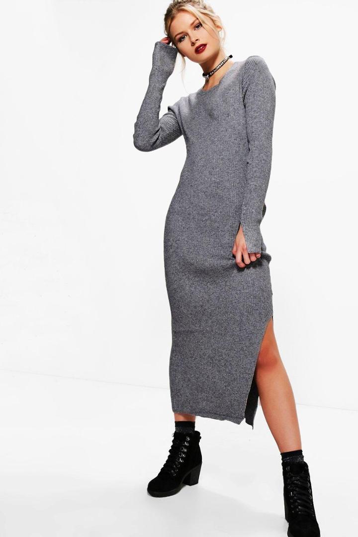 Boohoo Beth Rib Side Split Jumper Dress Grey