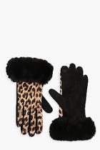 Boohoo Faux Fur Trim Leopard Gloves
