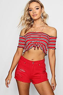 Boohoo Jessy Red High Waist Fray Hem Shorts