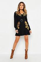 Boohoo Embroidered Belted Shift Dress