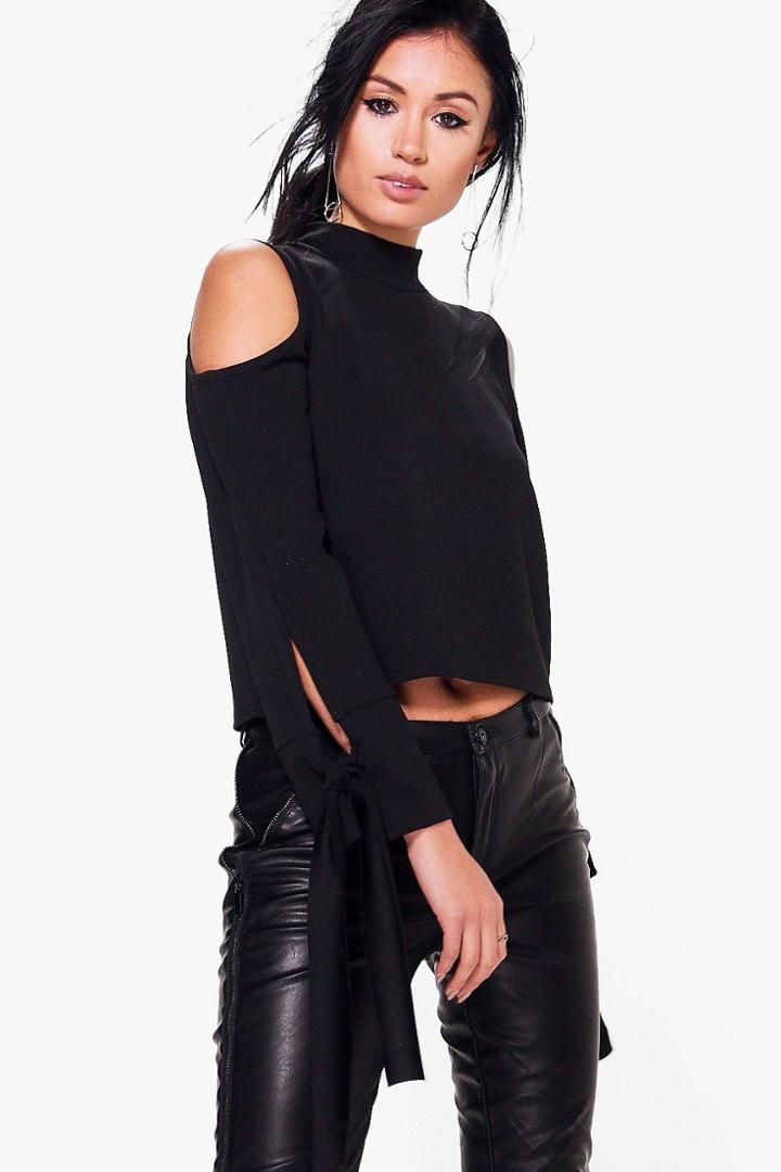 Boohoo Grace Cold Shoulder Tie Sleeve Top Black