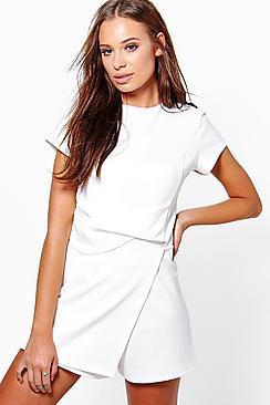 Boohoo Jenny Capped Sleeve Drape Front Skort Playsuit