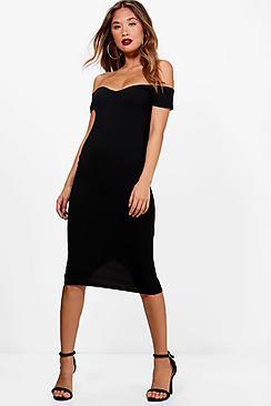 Boohoo Waterfall Detail Off The Shoulder Midi Dress