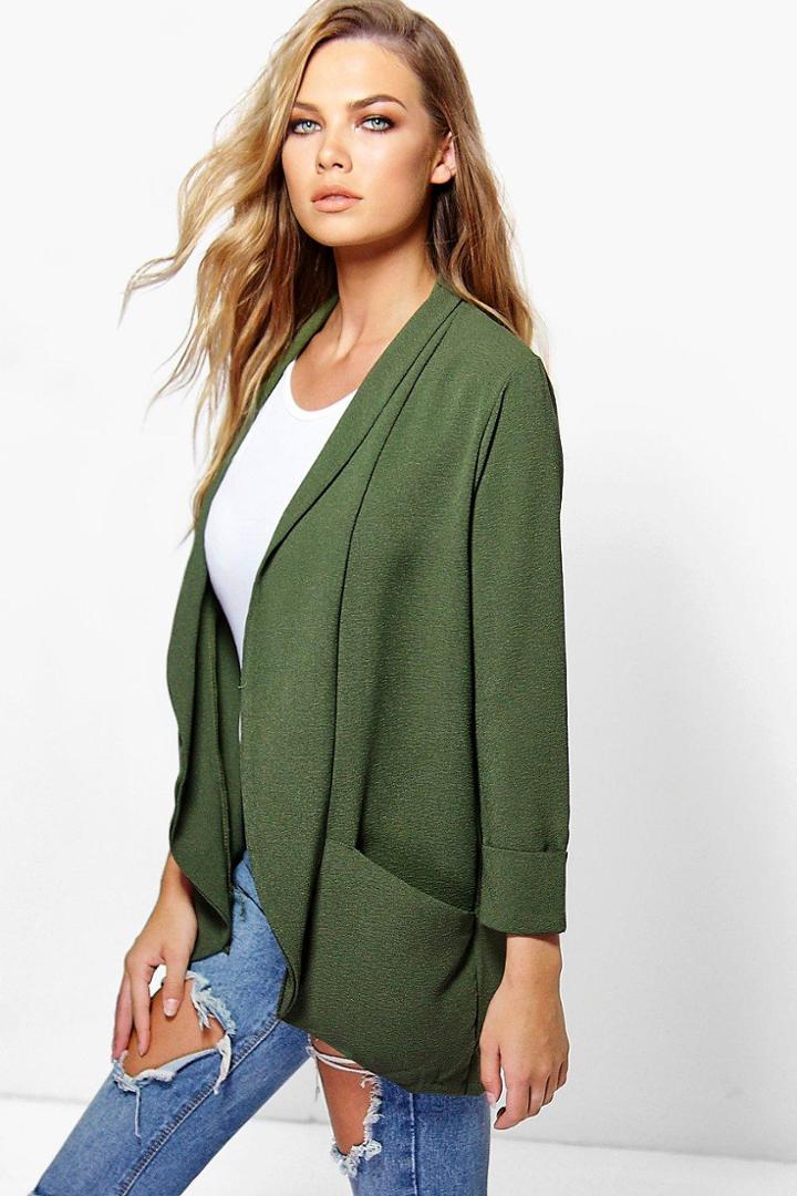 Boohoo Faith Shawl Collar Woven Crepe Blazer Khaki