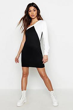 Boohoo Colour Block One Shoulder Sweatshirt Dress