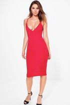 Boohoo Jo Slub Ponte Seam Detail Midi Bodycon Dress Red