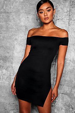 Boohoo Off The Shoulder Thigh Split Bodycon Dress