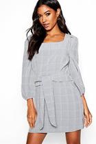 Boohoo Rouched Sleeve Tie Waist Checked Shift Dress