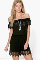 Boohoo Sally Off The Shoulder Crochet Playsuit Black