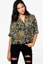 Boohoo Laila Leopard Print Crop Pocket Shirt Green