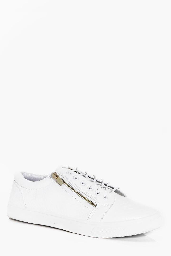 Boohoo Croc Pu Lace Up Trainer With Zip White