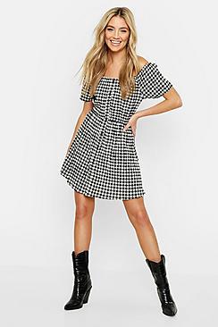 Boohoo Off The Shoulder Gingham Button Skater Dress