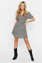 Boohoo Off The Shoulder Gingham Button Skater Dress