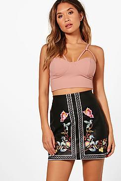 Boohoo Millie Embroidered Leather Look A Line Skirt