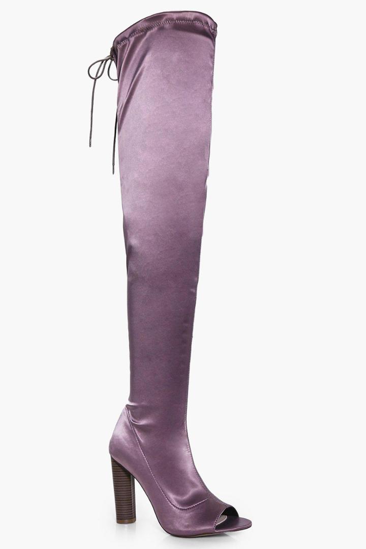Boohoo Laura Satin Peeptoe Over The Knee Mauve