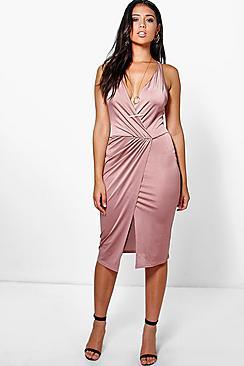 Boohoo Lacey Slinky Plunge Wrap Detail Midi Dress