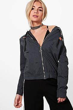 Boohoo Nadine Distressed Zip Through Hoody