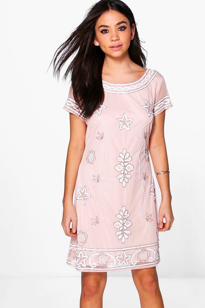 Boohoo Boutique Lylo Embellished Shift Dress Blush