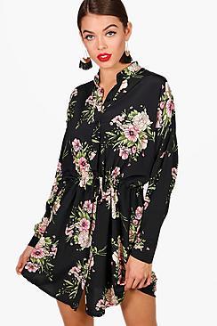 Boohoo Pandora Floral Tie Waist Woven Shirt Dress