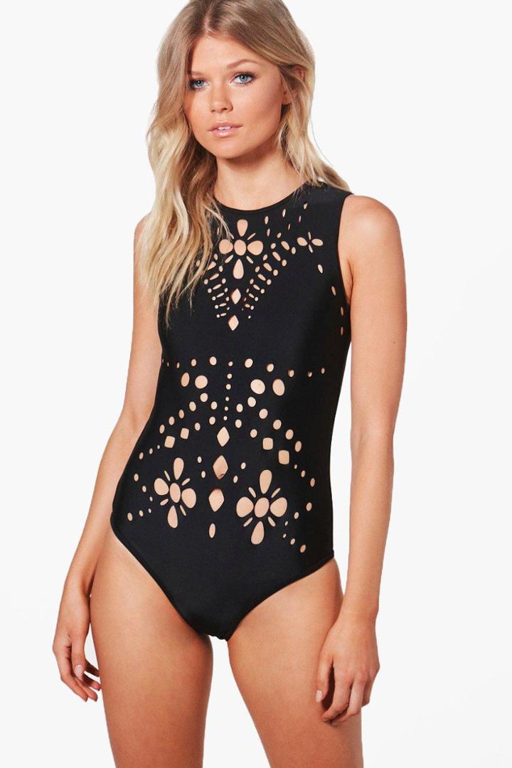 Boohoo Petite Lisa Crochet Cut Out Bathing Suit Black