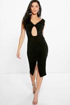 Boohoo Abbey Textured Slinky Twist Front Midi Dress Black