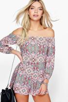 Boohoo Zoe Paisley Print Off Shoulder Playsuit Multi