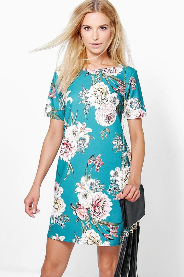 Boohoo Una Floral Cap Sleeve Shift Dress Green