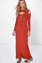 Boohoo Samantha Cut Out Long Sleeve Maxi Dress Chestnut