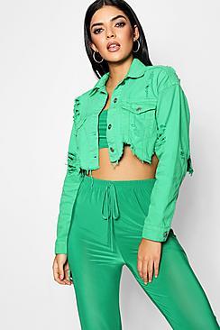 Boohoo Yara Cropped Distressed Green Denim Jacket