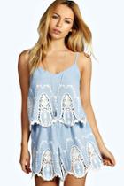 Boohoo Madge Cameo Lace Chambray Playsuit Blue