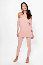 Boohoo Erin Soft Rib Bardot Top And Legging Lounge Set