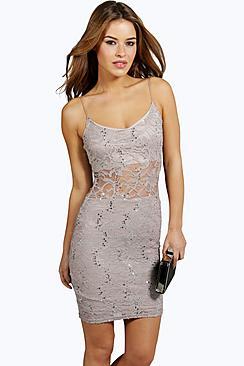 Boohoo Petite Danielle Sequin Detail Lace Panel Bodycon