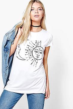 Boohoo Bella Sun + Moon Print Oversized Tee