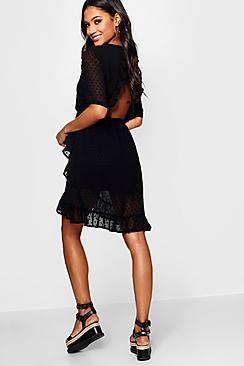 Boohoo Kassie Dobby Chiffon Backless Ruffle Tea Dress