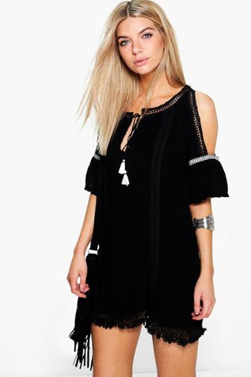Boohoo Uma Cold Shoulder Embroidered Trim Dress Black