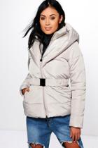 Boohoo Mia Hooded Quilted Coat Stone