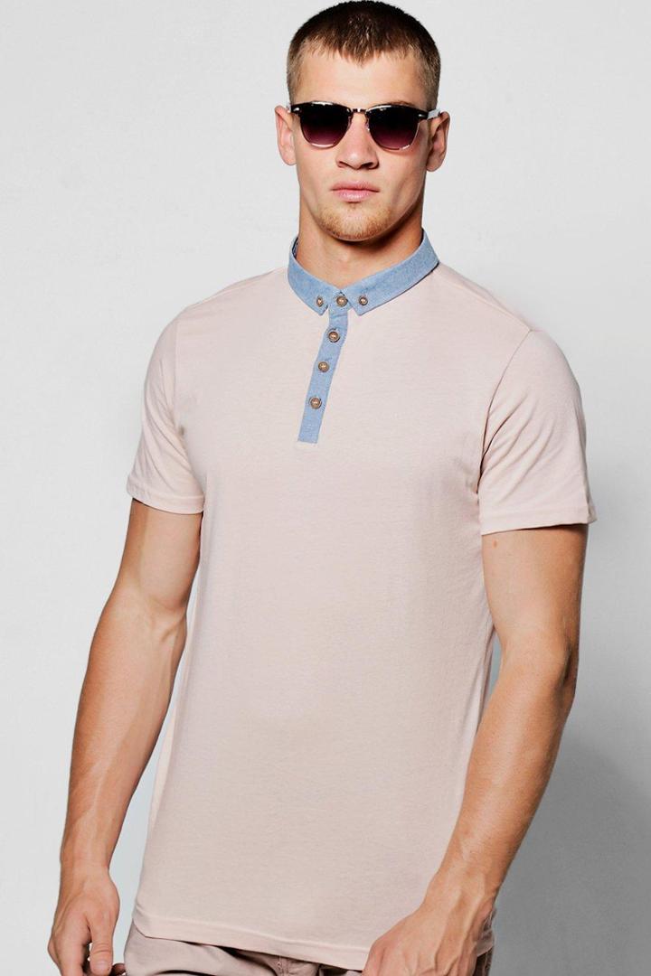 Boohoo Chambray Collar Jersey Polo Pink