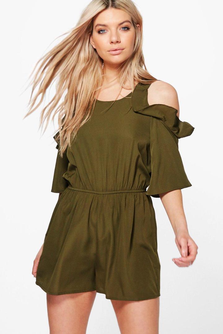 Boohoo Maria Cold Shoulder Ruffle Playsuit Khaki