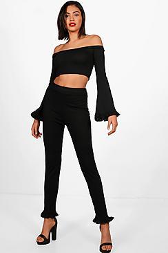 Boohoo Danielle Ruffle Crop Bardot Lounge Set