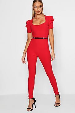 Boohoo Square Neck Puff Sleeve Belted Jumpsuits