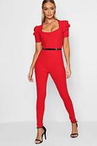 Boohoo Square Neck Puff Sleeve Belted Jumpsuits