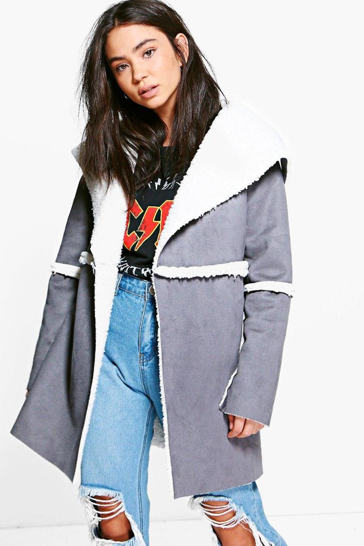 Boohoo Maria Borg Lined Bonded Coat Charcoal