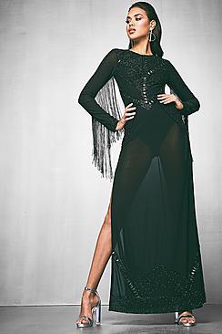 Boohoo Premium Nicole Beaded Mesh Fringe Maxi Dress