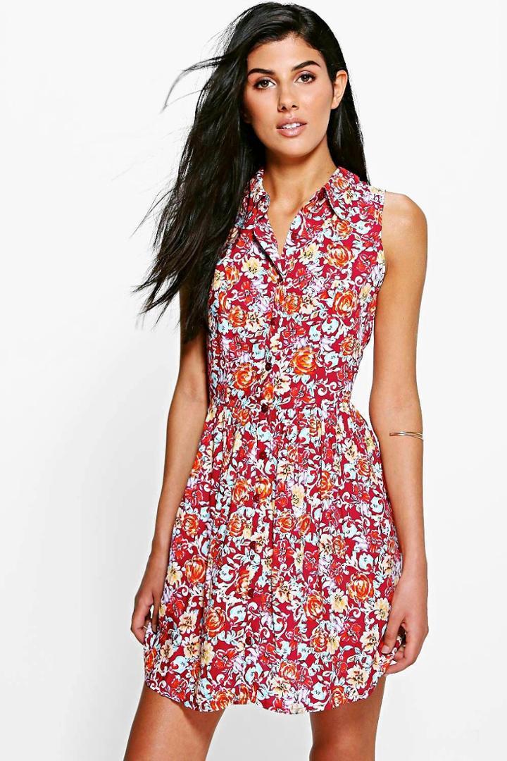 Boohoo Mia Sleeveless Shirt Dress Wine