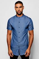 Boohoo Short Sleeve Denim Chambray Shirt W/ Grandad Collar Blue